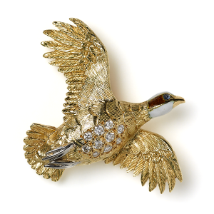 Flying grouse with diamonds to body and enamelled head