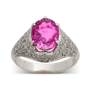 Pink sapphire with pave-set diamond surround