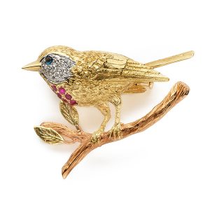Robin brooch with rubies, diamonds