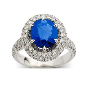 Sapphire and diamond cluster with diamond-set band